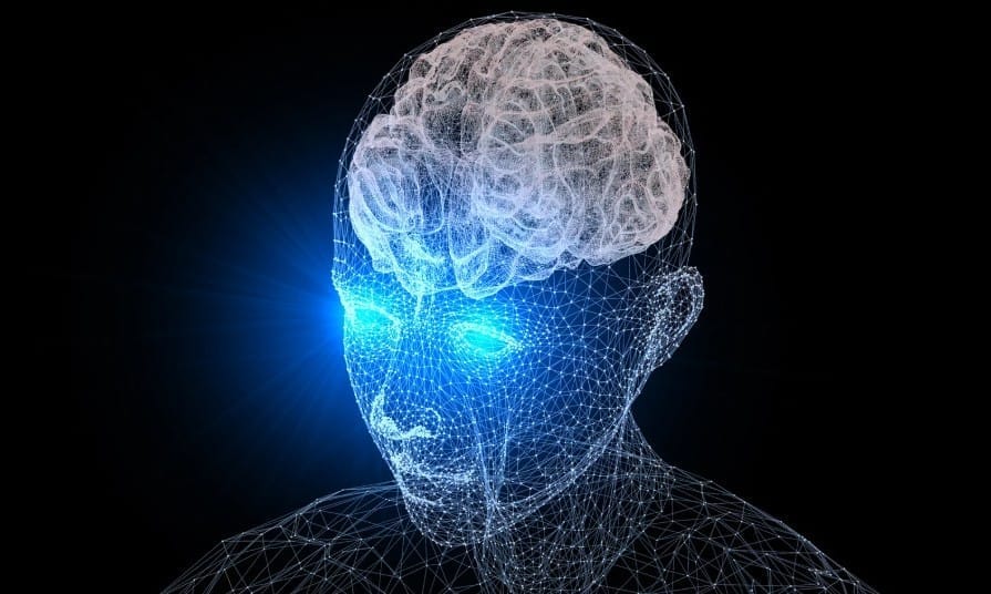 Illustration numérique d’un cerveau humain au-dessus d’un visage en maillage lumineux.