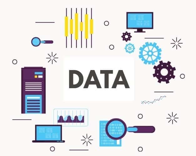 Illustration de données avec serveurs, graphiques, loupe et engrenages autour du mot DATA.