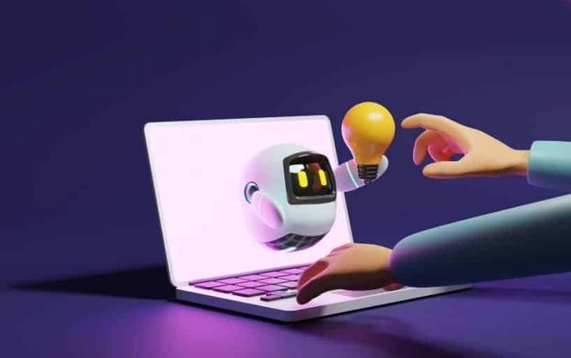 Illustration d’un assistant IA sur un ordinateur portable tenant une ampoule, symbole d’une idée formulée par un prompt