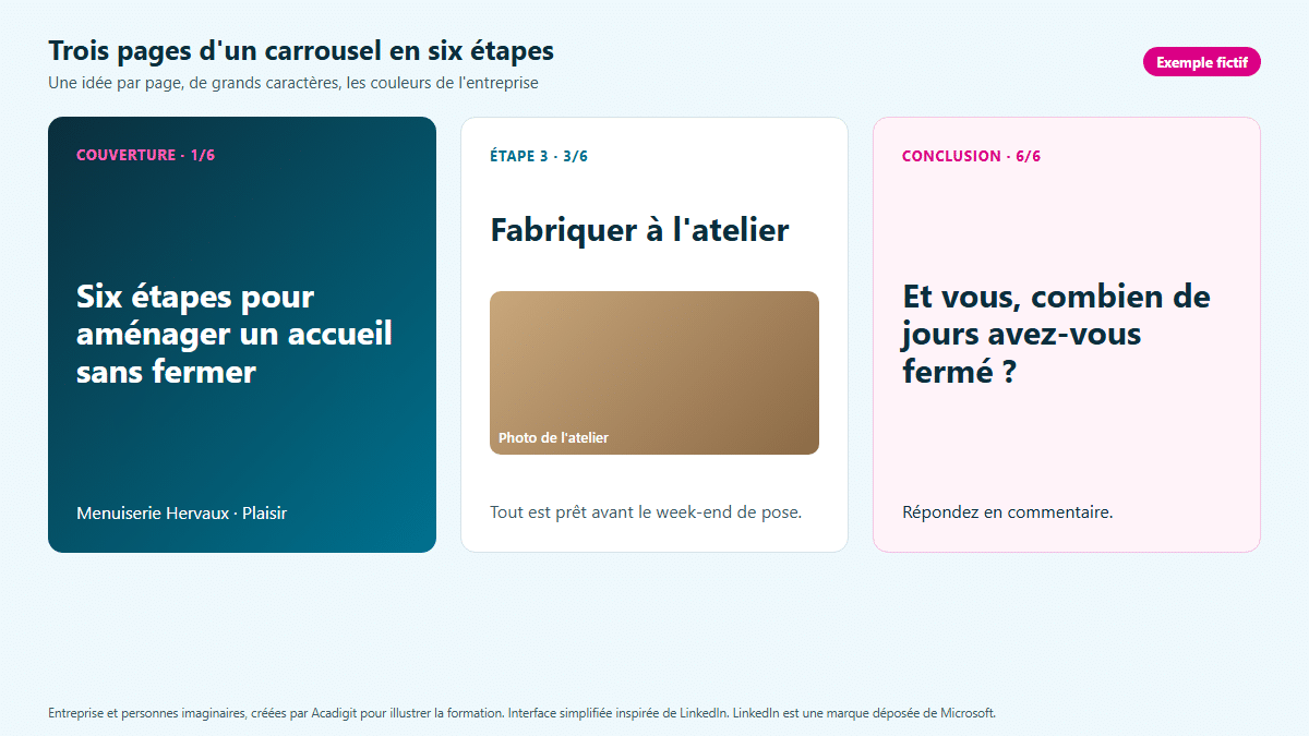 Maquette de trois pages d'un carrousel de la Menuiserie Hervaux : couverture, une étape, page finale avec question