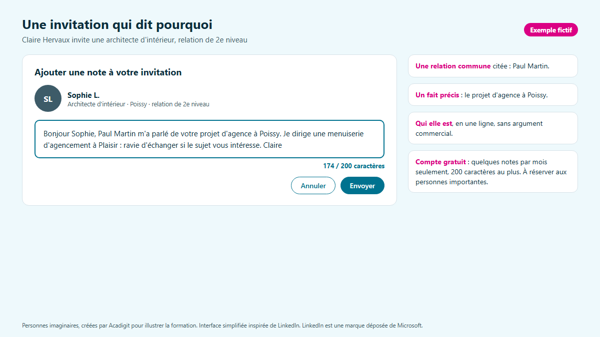Maquette d'une invitation LinkedIn de Claire Hervaux avec une note personnalisée de moins de 200 caractères