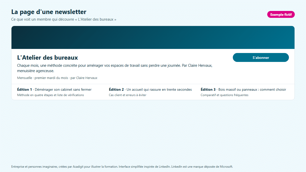 Maquette de la page d'une newsletter LinkedIn fictive, L'Atelier des bureaux, avec titre, description, fréquence et éditions