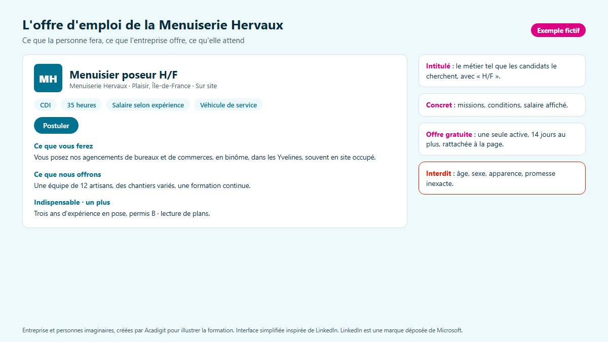 Maquette de l'offre d'emploi Menuisier poseur H/F de la Menuiserie Hervaux sur LinkedIn