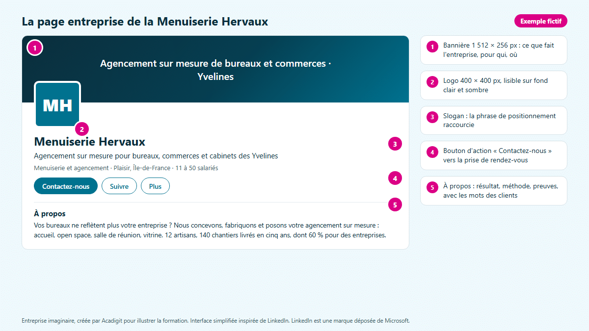 Maquette de la page entreprise de la Menuiserie Hervaux : logo, bannière, slogan, bouton d'action et section À propos