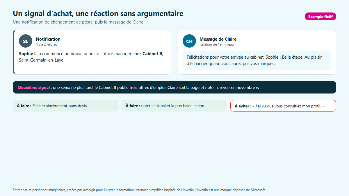 Maquette d'une notification LinkedIn de changement de poste et du message de félicitations de Claire Hervaux