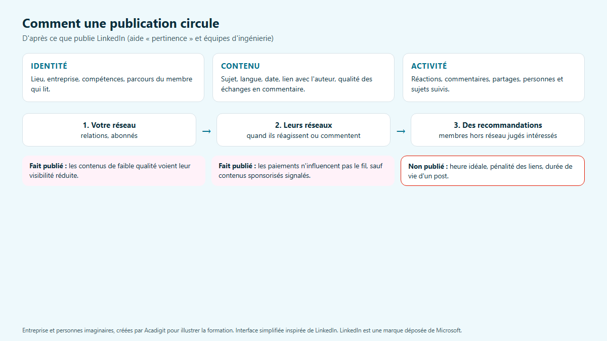 Schéma des trois familles de signaux de LinkedIn : identité, contenu, activité et la diffusion du réseau vers les recommandations