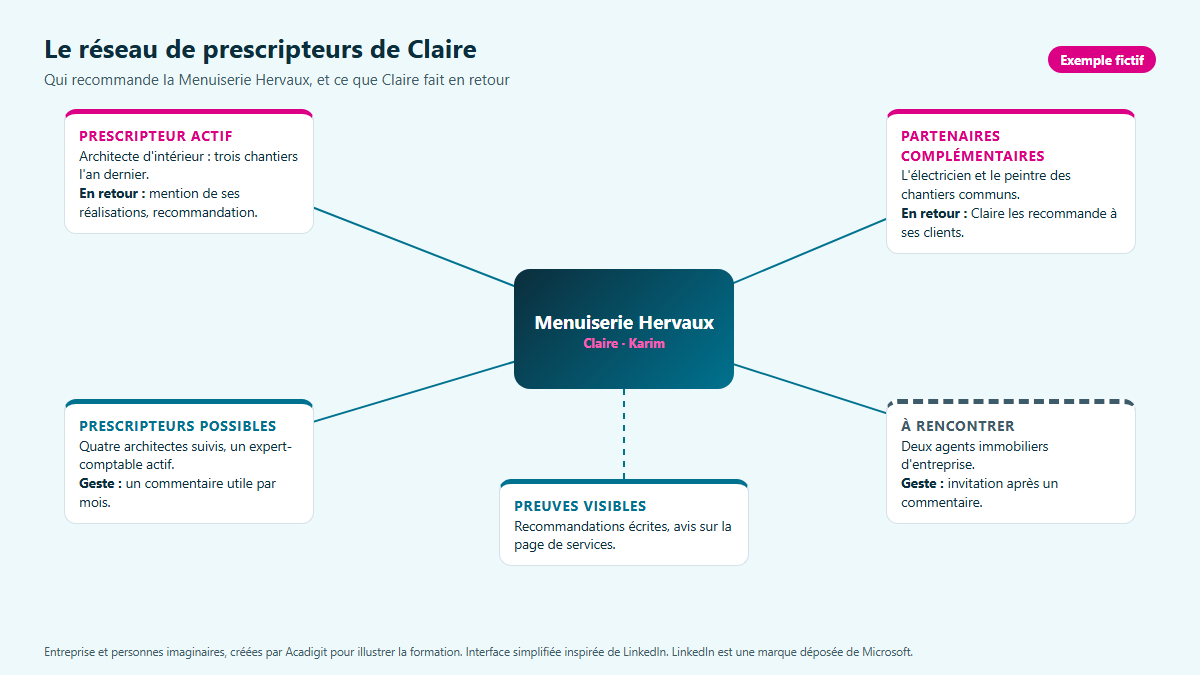 Schéma du réseau de prescripteurs de la Menuiserie Hervaux : architectes, experts-comptables, partenaires complémentaires et clients