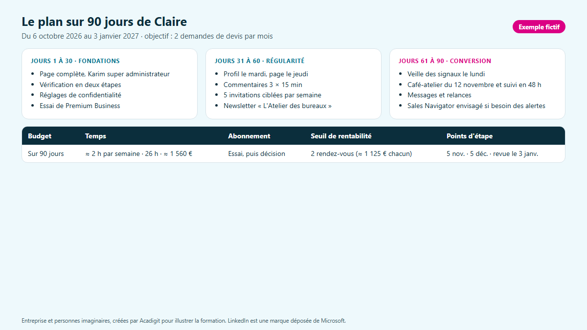 Maquette du plan d'action LinkedIn sur 90 jours de la Menuiserie Hervaux : trois phases, routine hebdomadaire, budget, points d'étape