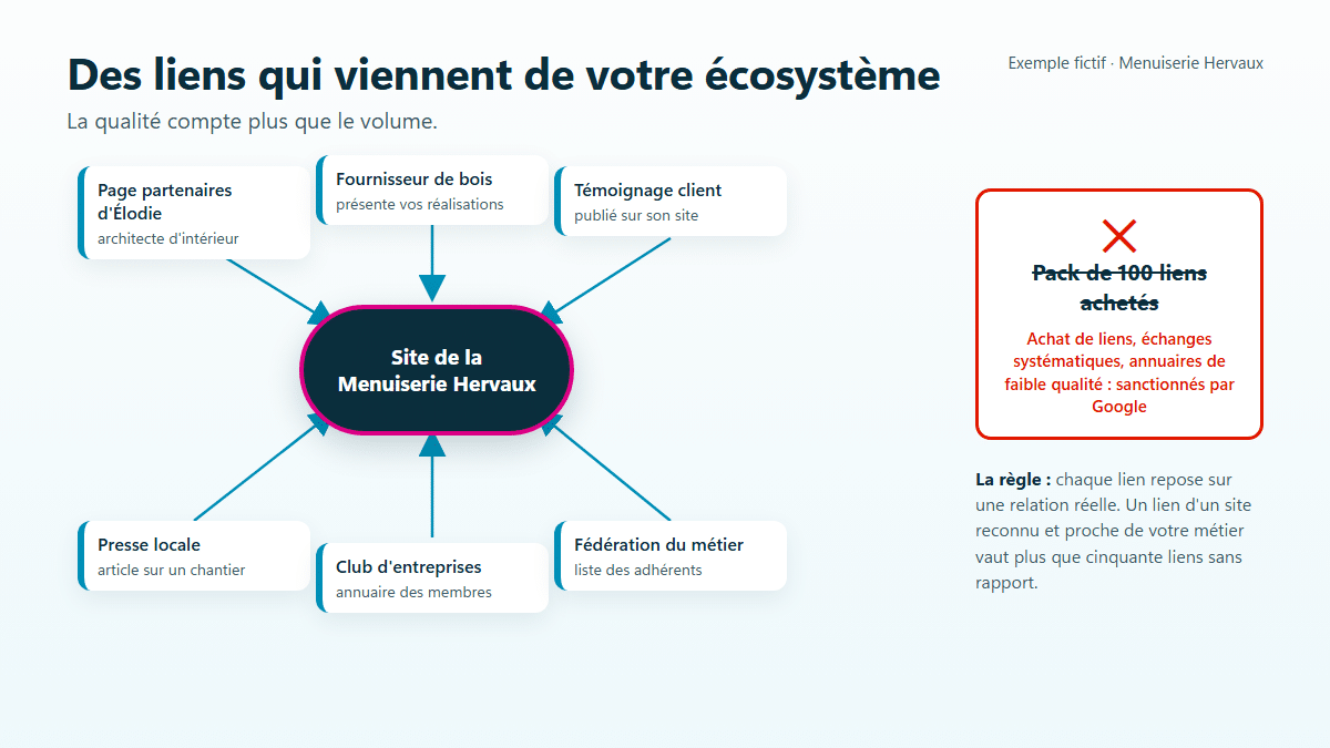 Carte des liens de qualité de la Menuiserie Hervaux : page partenaires d'une architecte, fournisseur de bois, témoignage client, presse locale, club d'entreprises, fédération du métier ; à éviter : un pack de 100 liens achetés