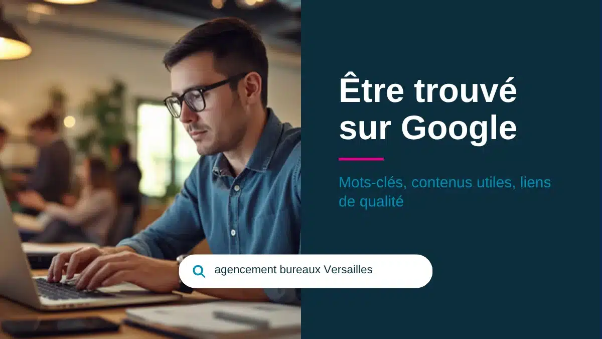 Un dirigeant tape la recherche « agencement bureaux Versailles » sur son ordinateur, à côté du titre « Être trouvé sur Google »