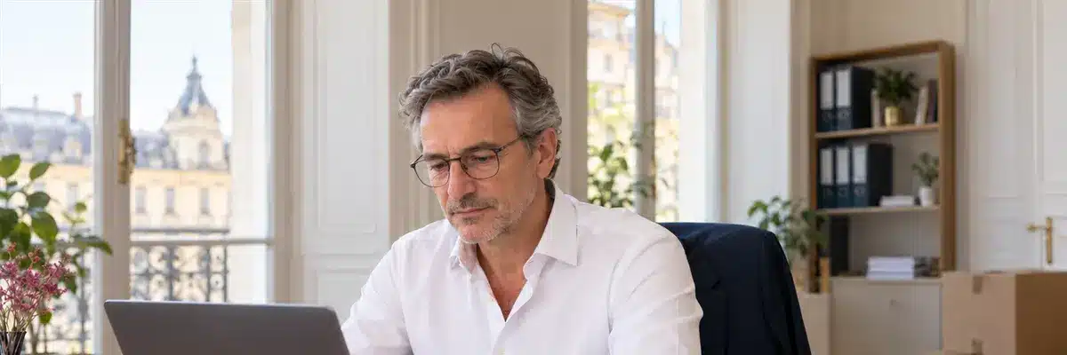 Laurent, associé d'un cabinet comptable, tape une recherche sur son ordinateur ; derrière lui, des cartons de déménagement