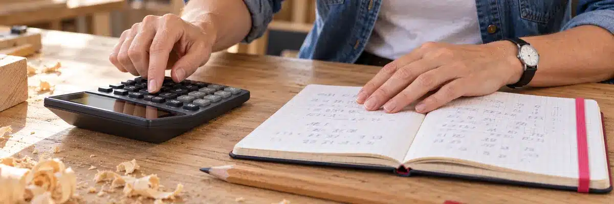 Les mains de Claire font un calcul sur une calculatrice, à côté d'un carnet de chiffres et de copeaux de bois