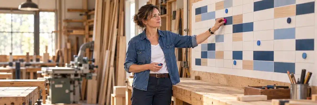 Claire place un repère sur le planning mural de son atelier, au-dessus d'un établi