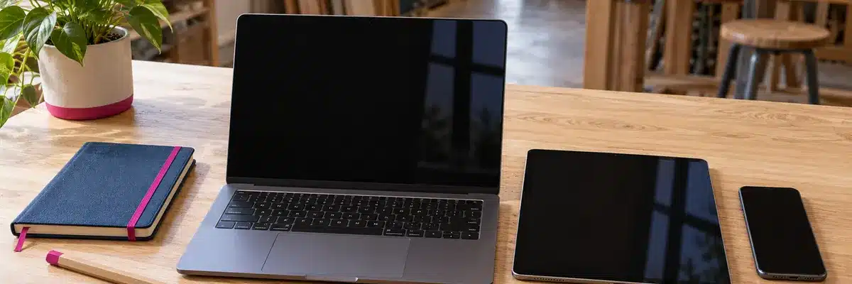 Un ordinateur portable, une tablette et un téléphone éteints posés côte à côte sur un bureau en bois, dans l'atelier
