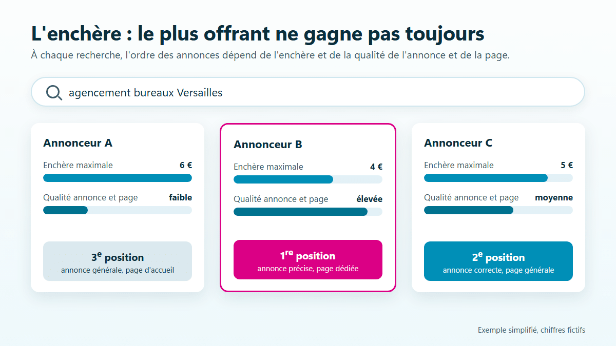 Trois annonceurs sur la recherche « agencement bureaux Versailles » : A enchérit 6 € avec une qualité faible et finit 3e, B enchérit 4 € avec une qualité élevée et finit 1er, C enchérit 5 € avec une qualité moyenne et finit 2e