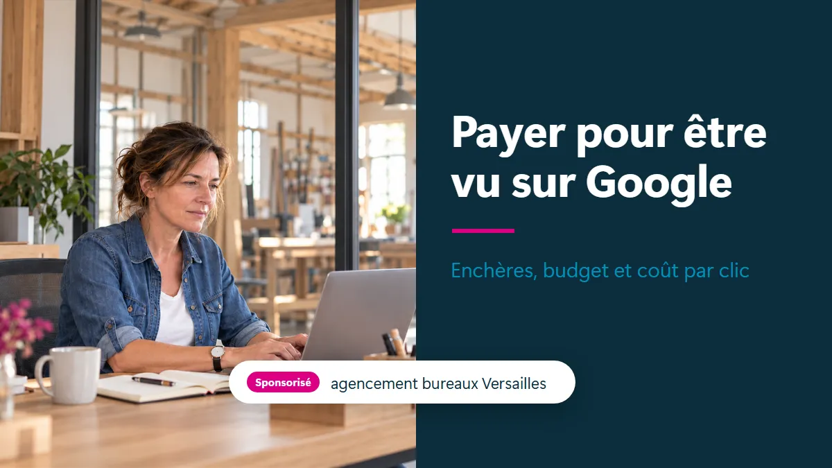 Claire, dirigeante d'une menuiserie, travaille sur son ordinateur dans son bureau vitré donnant sur l'atelier, à côté du titre « Payer pour être vu sur Google » et d'une annonce marquée « Sponsorisé »