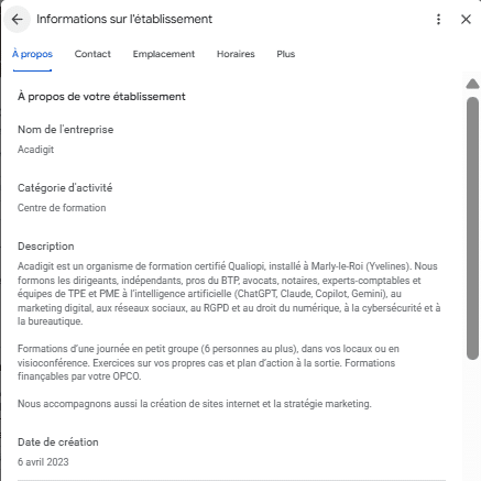 L'onglet À propos de la fiche d'Acadigit : nom de l'entreprise, catégorie d'activité « Centre de formation », description de plusieurs paragraphes, date de création