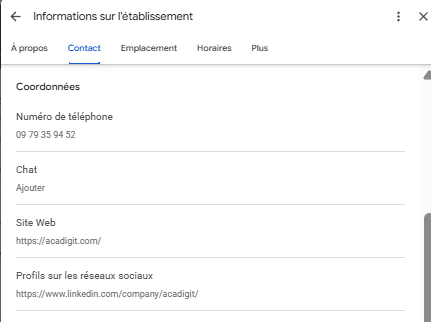 L'onglet Contact : numéro de téléphone, chat (Ajouter), site web, profils sur les réseaux sociaux
