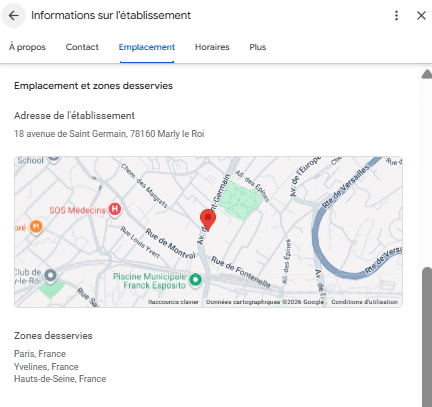 L'onglet Emplacement : adresse de l'établissement avec sa carte, zones desservies Paris, Yvelines et Hauts-de-Seine