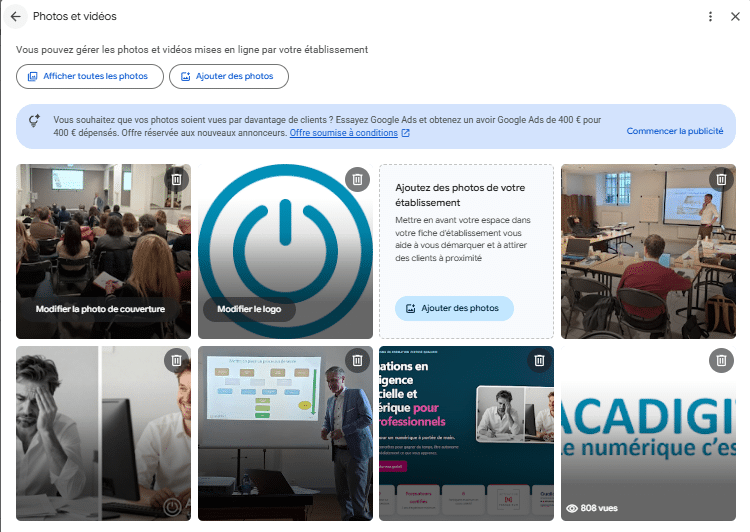 L'écran Photos et vidéos : la photo de couverture d'un atelier, le logo, des photos de formation et un compteur de 808 vues sous l'une des photos
