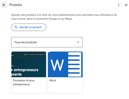 L'écran Produits : bouton « Ajouter un produit », filtre « Tous les produits » et deux vignettes, « Formation IA pour entrepreneurs » et « Word »