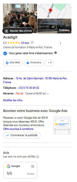 La fiche publique d'Acadigit dans la recherche Google : photo, note de 5 sur 5 pour 24 avis, catégorie « Centre de formation à Marly-le-Roi », boutons Site Web et Itinéraire, adresse, téléphone et horaires