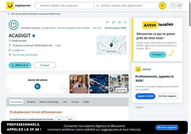 La fiche PagesJaunes d'Acadigit avant correction : sous le nom, la mention « Probablement fermé définitivement » et la question « Je confirme que ce professionnel est fermé : Oui / Non »