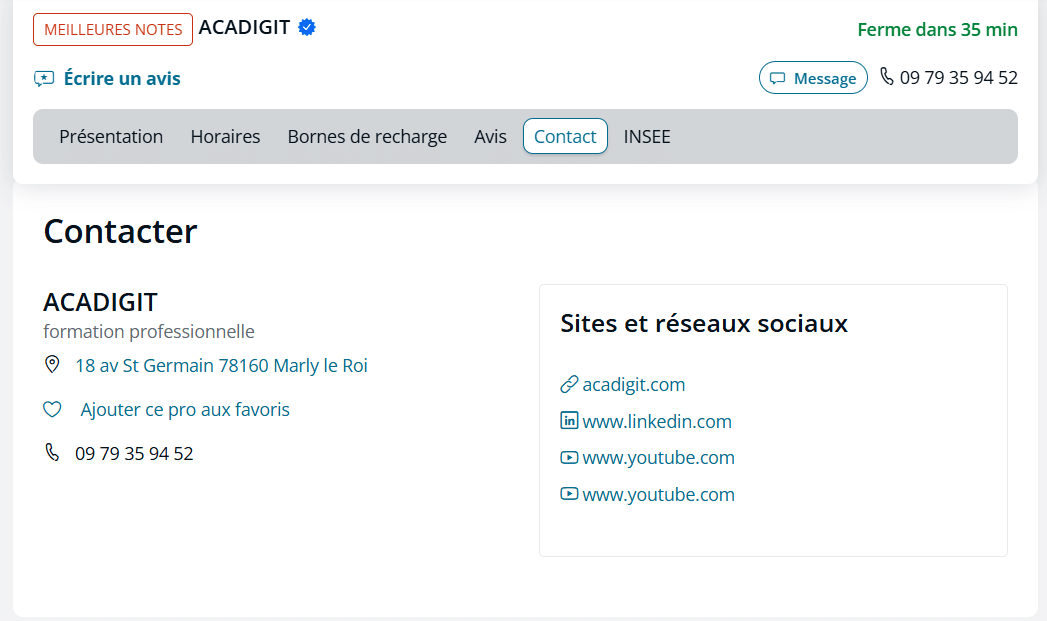 L'onglet Contact de la fiche PagesJaunes d'Acadigit : un seul téléphone, l'adresse de Marly-le-Roi, le site et les liens LinkedIn et YouTube
