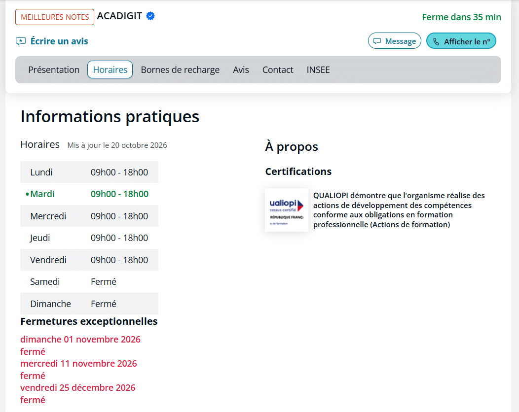 L'onglet Horaires de la fiche PagesJaunes d'Acadigit : du lundi au vendredi de 9 h à 18 h, fermetures exceptionnelles de la Toussaint, du 11 novembre et de Noël, puis la certification Qualiopi