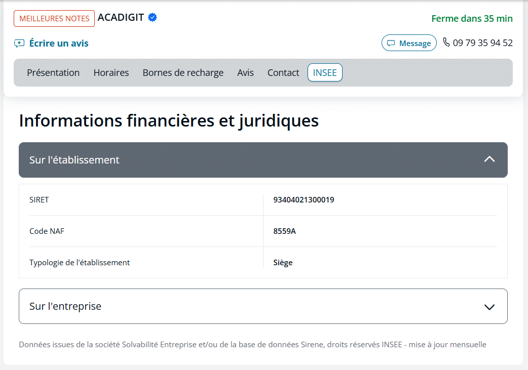 L'onglet INSEE de la fiche PagesJaunes d'Acadigit : SIRET, code NAF 8559A et typologie Siège